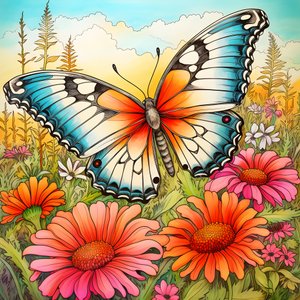 Schmetterling auf einer Wiese mit einem Spalier aus Blumen 2