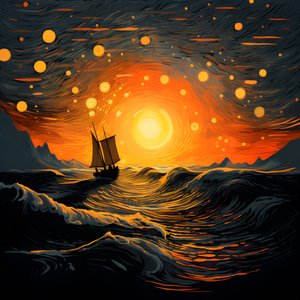 Sonnenuntergang, orange-gelbe Sonne, Wolken, fuenf rotierende Kreise von Wolken in einem großen Himmel, punktfoermige Wellen und orange-gelbe Sonnenuntergangswolken, die sich auf den Wellen spiegeln, ein Boot faehrt aufs Meer hinaus 1