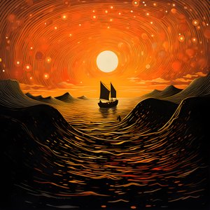 Sonnenuntergang, orange-gelbe Sonne, Wolken, fuenf rotierende Kreise von Wolken in einem großen Himmel, punktfoermige Wellen und orange-gelbe Sonnenuntergangswolken, die sich auf den Wellen spiegeln, ein Boot faehrt aufs Meer hinaus 2