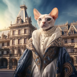 Szfinx macska báli ruhában egy csodálatos középkori stílusú palota hátterében 4