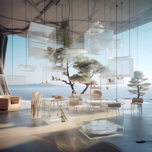 Transparent building with the island table in the middle 1