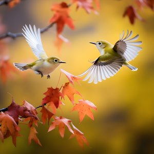 Zwei super sueße gruene Weißaugenvoegel spreizen ihre Fluegel und fliegen in den herbstlichen Ahornblaettern 3