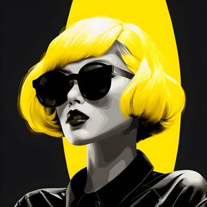 illusztráció egy sárga napszemüveget viselő lányról, arcán szőrrel és fülekkel, film noir esztétika stílusában 1