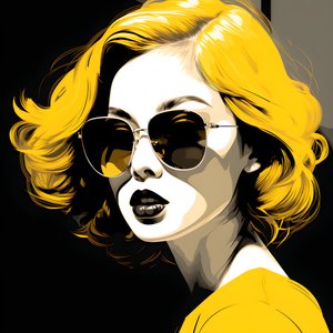 illusztráció egy sárga napszemüveget viselő lányról, arcán szőrrel és fülekkel, film noir esztétika stílusában 4