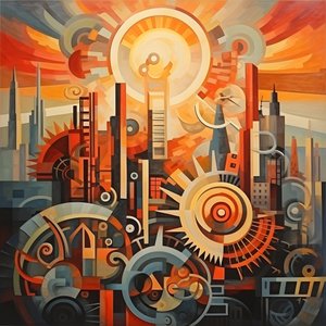 cogs and tools abstract sunrise 1950s 3
