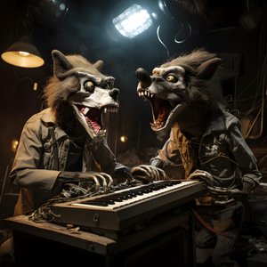 creepy, hairy, broken animal animatronics performing music on a stage 1