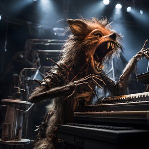 hátborzongató, szőrös, törött állat animatronics zenét előadó színpadon 2