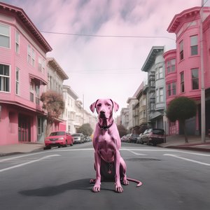 ein rosa hund mitten in der stadt san fransisco 1