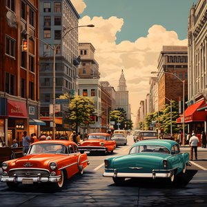 eine Stadt in den 50er Jahren mit roten Autos 2