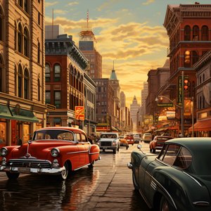 eine Stadt in den 50er Jahren mit roten Autos 4