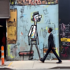 egy festett figura életre kel, ahogy sétál egy utcán New Yorkban, szürreális fotó 1
