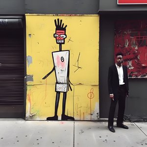 egy festett figura életre kel, ahogy sétál egy utcán New Yorkban, szürreális fotó 2