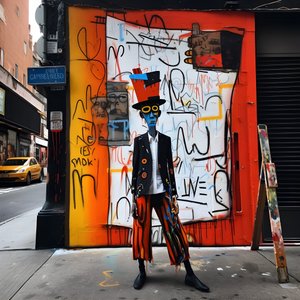 eine gemalte Figur wird lebendig, als sie eine Straße in New York entlangläuft, surreales Foto 4