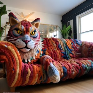 eine riesige gehäkelte Katze in einem realistischen Wohnzimmer 2