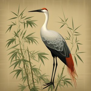 egy gyönyörű japán illusztráció egy daruról és bambuszról 2