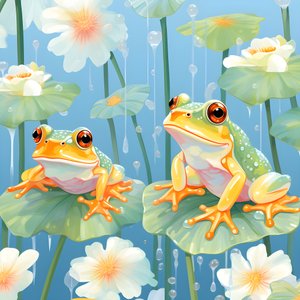 nahtlose Muster eines Gemaeldes von huebschen orange und gelb Cartoon Froesche sitzen auf den Lilien Laub auf dem Wasser regen aus Aquarell 4