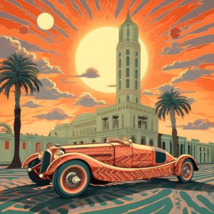 schönes, elegantes, minimalistisches, gestepptes Meisterwerk im künstlerischen Stil von von Shepard Fairey::1 zum Gedenken an den Grand Prix von Monaco 1940, historische Rennwagen, die gegeneinander antreten.  2