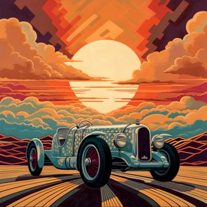 schönes, elegantes, minimalistisches, gestepptes Meisterwerk im künstlerischen Stil von von Shepard Fairey::1 zum Gedenken an den Grand Prix von Monaco 1940, historische Rennwagen, die gegeneinander antreten.  3