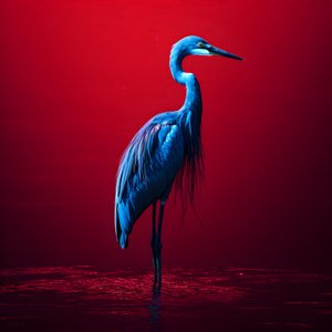 synthwave digital fine art piece of an exotic cobalt blue egret on red paper 1
