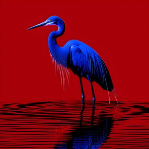 synthwave digital fine art piece of an exotic cobalt blue egret on red paper 2