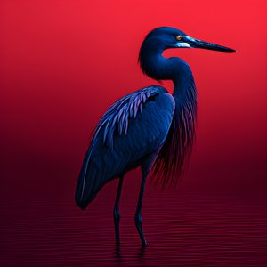 synthwave digitális képzőművészeti alkotás egy egzotikus kobaltkék kócsagról piros papíron 3