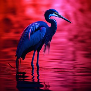 synthwave digitális képzőművészeti alkotás egy egzotikus kobaltkék kócsagról piros papíron 4