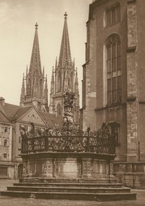 Regensburg, szökőkút 1721-ből a Neupfarrplatzon és a katedrális tornyai; Regensburg, a szökőkút (1721) a "Neupfarr Platzon" és a katedrális (f/w fotó)