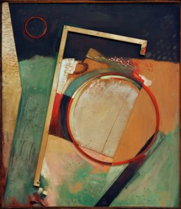 Cím nélkül (a képen gyűrűvel és kerettel) alkotó: Kurt Schwitters