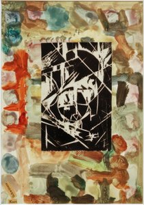 Cím nélkül (fametszetű kollázs absztrakt festményen) alkotó: Kurt Schwitters