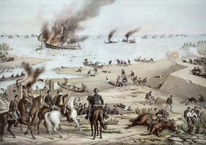 A USS „Monitor” a CSS „Merrimack” ellen harcol a Hampton Broads-i csatában az amerikai polgárháború alatt, 1862. március 9. (színes litó)