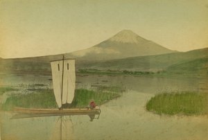 Japán: Fuji-Yama (Fuji Yama) egy vitorlás az előtérben a Hokome-tavon