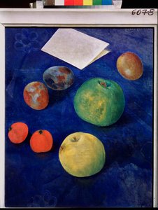 Gyümölcsök egy kék terítőn. Kuzma Szergejevics Petrov Vodkin (Petrov-Vodkin) festménye (Kouzma Petrov Vodkin) (Petrov-Vodkin) (1878-1939), olaj, vászon alkotó: Kuzma Sergeevich Petrov Vodkin