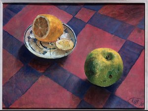 Alma és citrom. (Alma és citrom). Kuzma Szergejevics Petrov Vodkin (Petrov-Vodkin) festménye (Kouzma Petrov Vodkin) (Petrov-Vodkin) (1878-1939), olaj, vászon alkotó: Kuzma Sergeevich Petrov Vodkin