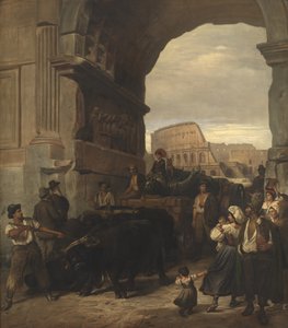 Római munkások egy antik császári szobrot szállítanak a Colosseumtól a Titusz boltívén keresztül a Capitolium Múzeumokba