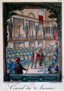 Címtár: „” Le Conseil des Ancients”” Metszet a „” Mors et customs du peuple francais”-ból”, Labrousse metszet. 18. századi Párizs, B.N.