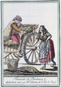 Poissarde de Bordeaux vitatkozik egy osztrigakereskedővel a Buch éléről – J. Grasset, St Sauveur, Deron, Párizs „” Utazások enciklopédiája” című könyvében alkotó: L.F. Labrousse