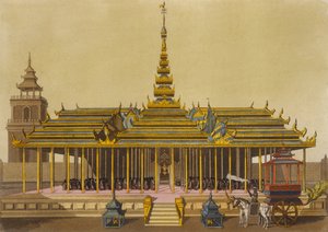 Sziám királya az udvaroncokat szólítja meg pavilonjában, Jules Ferrario Le Costume Ancien et Moderne című művének 69. táblája, Gaetano Zancon (1771-1816) metszete, az 1820-as és 30-as évek körül megjelent alkotó: L. Rossi