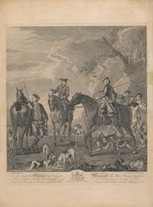 Egy hétből álló készlet, cím nélkül, mindegyik dedikált: A jobboldalnak. Thomas Lord Weymouth vikomt... a Long Leat Hall eredeti festményéből. [Lovasok és vadászkutyák pihennek egy sziklás tájon.]