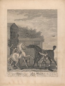 Egy hétből álló készlet, cím nélkül, mindegyik dedikált: A jobboldalnak. Thomas Lord Weymouth vikomt... a Long Leat Hall eredeti festményéből. [Két ló nyugtalanul áll az istálló előtt...]