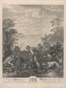 Egy hétből álló készlet, cím nélkül, mindegyik dedikált: A jobboldalnak. Thomas Lord Weymouth vikomt... a Long Leat Hall eredeti festményéből. [Három ember ásta ki a róka földjét, a vadászkutyák mohón figyelték...]