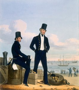 Ágyúsok, csónakosok és asztalosok, 11. tábla a „Királyi haditengerészet és tengerészgyalogosok jelmezéből”, a művészek metszete, 1830-37 körül