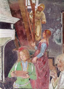 Fiatal szolga, kezében egy tányérral, a vendéglátásban részesülő Szent Benedek részlete, Szent Benedek életéből, 1497-98 (164410. részlet)