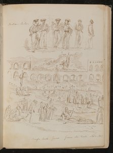 Hat „Szardian Sailors”, a „Cruifo Santo – Genova” feliratú templom és temető széles jelenete. Giorno dei Morti. 1859. november 2. (toll és tinta)