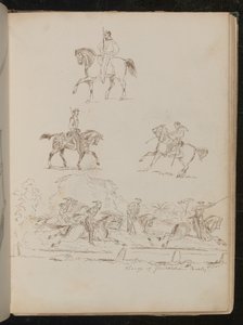 Tanulmányok lóháton ülő katonákról, a csoportos jeleneten „Charge of Garibaldian Cavalry” felirat szerepel (toll és tinta)