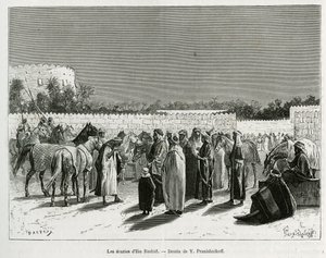 Muhammad Ibn Abdullah Al Rashid emír istállói, illusztráció a „Zarándoklat Nejdbe, az arab faj bölcsőjébe” című könyvből, amely a „World Tour”-ban jelent meg Edouard Charton vezetésével. alkotó: Lady Anne Blunt