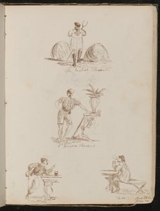 "Angol paraszt", "a genovai paraszt", "Battista" és "Bile" feliratú kocsmák alakjainak tanulmányozása, "június 20." hely és dátum alkotó: Lady Butler