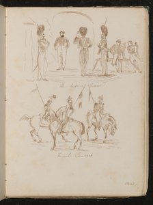 Tanulmányok „Császári gárda” feliratú katonákról, „French Lancers” feliratú lovas zászlós katonákról alkotó: Lady Butler