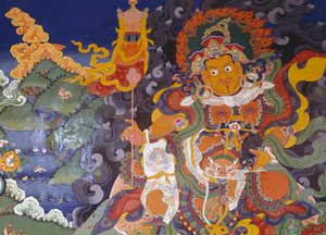 Színes istenségeket ábrázoló freskó, Lamayuru buddhista kolostor (Lamayuru Gompa), Himalája, Ladakh kerület, Dzsammu és Kasmír állam, India