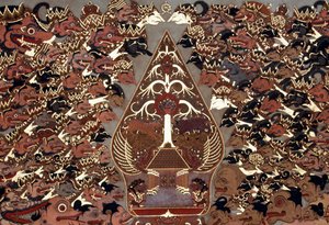 Wayang Beber stílusú festmény, amelyet az Árnyak Színháza (wayang kulit), a Mangkunegaran palota, Surakarta, Java, Indonézia ihlettek