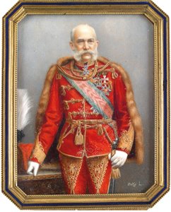 I. Ferenc József osztrák portréja (1830-1916), magyar egyenruhában. Osko Lajos (1865-1922) munkája, akvarell és gouache kürtön. Magyar művészet, akadémiai művészet. Magángyűjtemény. alkotó: Lajos Osko